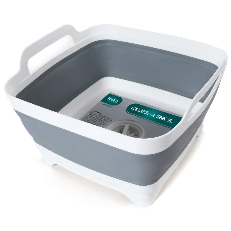 FOSJGO 2.4 Gal(9L) Collapsible Dish Basin with Drain Plug,Space Saving Multiuse Foldable Sink Tub,Dishpan,Kitchen Sink for Camping,Plastic Tub,Vegetable Washing,Beverage Tubs - Image 1